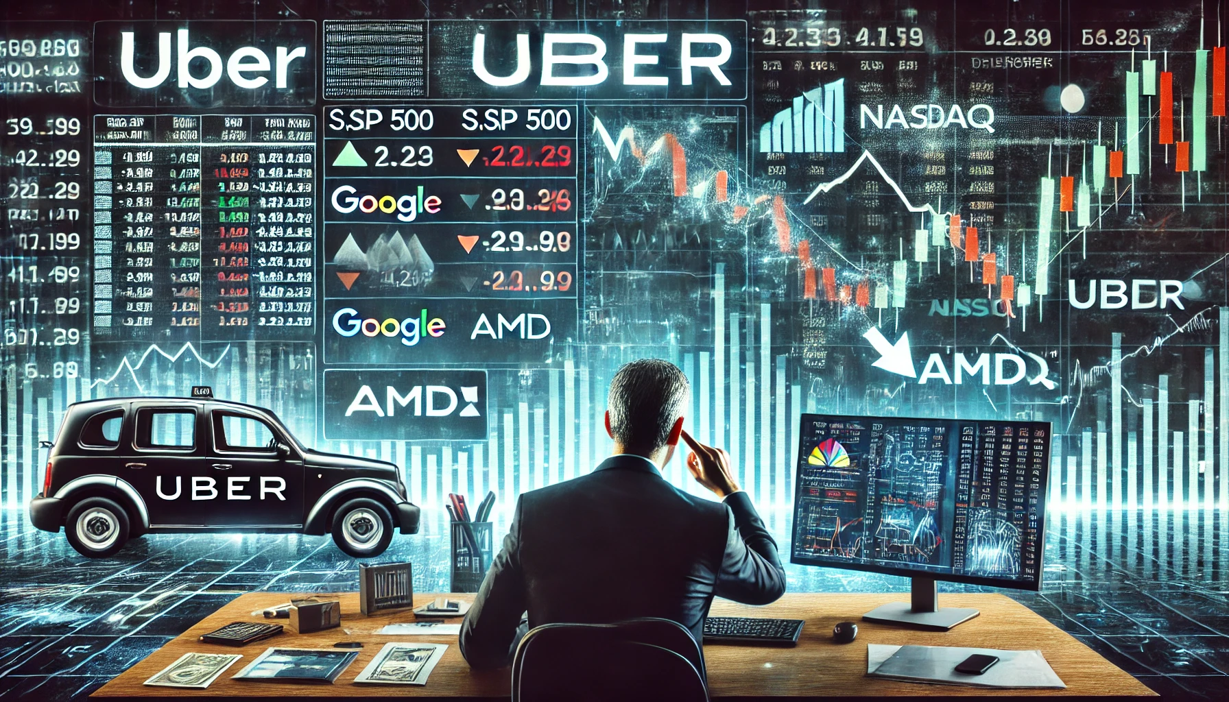 Stock trader analyzing Uber profit decline with S&P 500 and Nasdaq falling. Google stock, AMD shares, and rising operational costs impact financial market trends,uber profit,